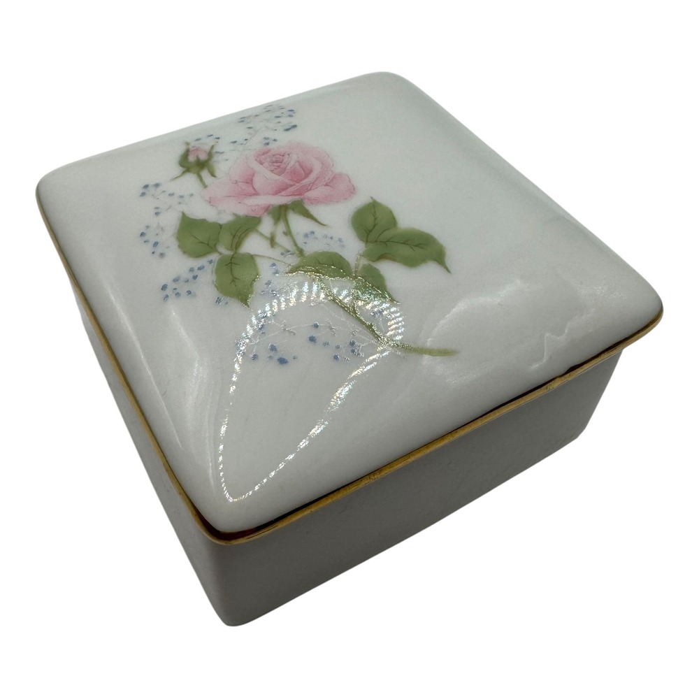 Vintage Floral Fantasy Porcelain Square Trinket Box Pink Rose 1988‎ Japan G72Q - Picture 5 of 11